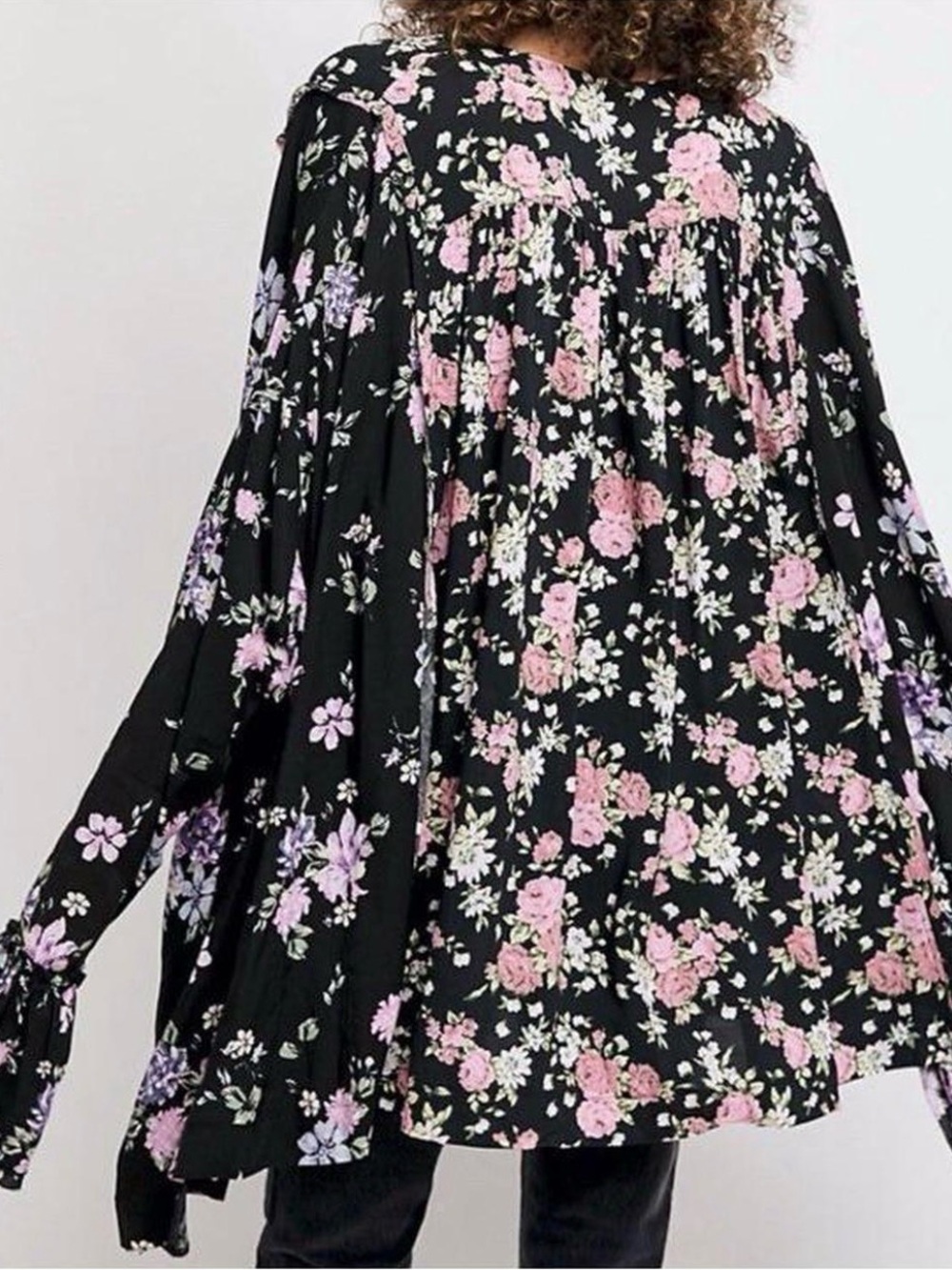 Free People Floral Ruffle Tunic Blouse Medium Black Boho Bell Sleeve - Picture 4 of 5